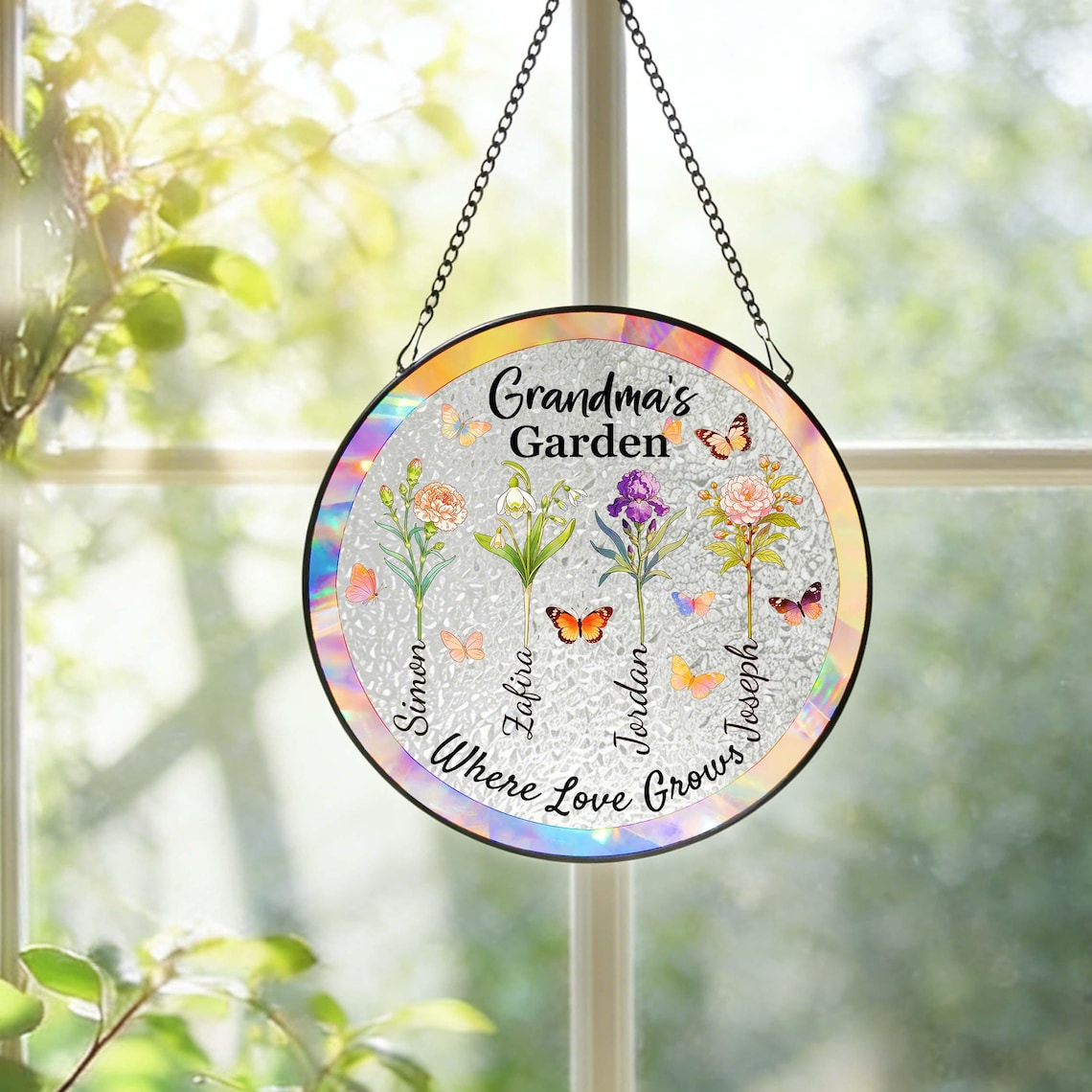 Custom Birth Flower Stained Glass Suncatcher, Personalized Family Name Window Hanging, Birth Month Flower Window Decor, Mother's Day Gift