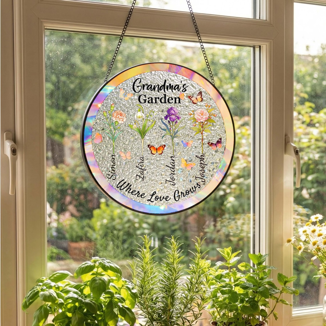 Custom Birth Flower Stained Glass Suncatcher, Personalized Family Name Window Hanging, Birth Month Flower Window Decor, Mother's Day Gift