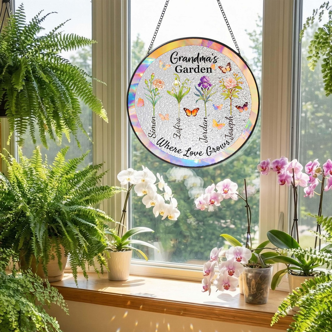 Custom Birth Flower Stained Glass Suncatcher, Personalized Family Name Window Hanging, Birth Month Flower Window Decor, Mother's Day Gift