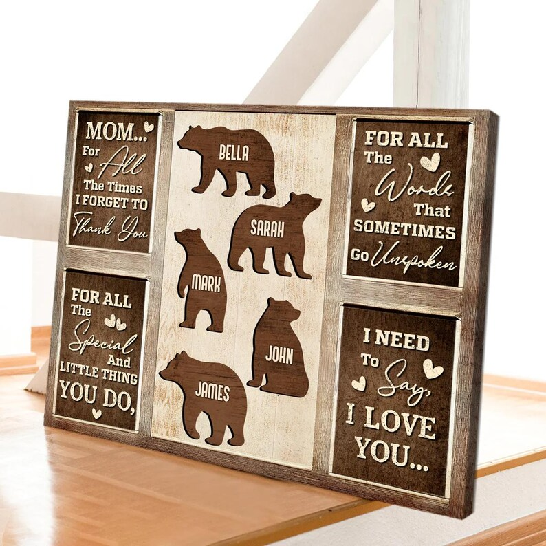 Personalized Gift for Mother’s Day Mom Bear Family Custom Names Canvas Wall Art | Gift For Mom | Mothers Day Gift | Wall Decor | Art Print