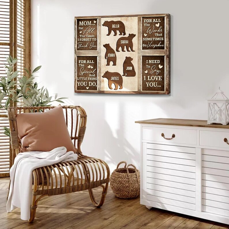 Personalized Gift for Mother’s Day Mom Bear Family Custom Names Canvas Wall Art | Gift For Mom | Mothers Day Gift | Wall Decor | Art Print