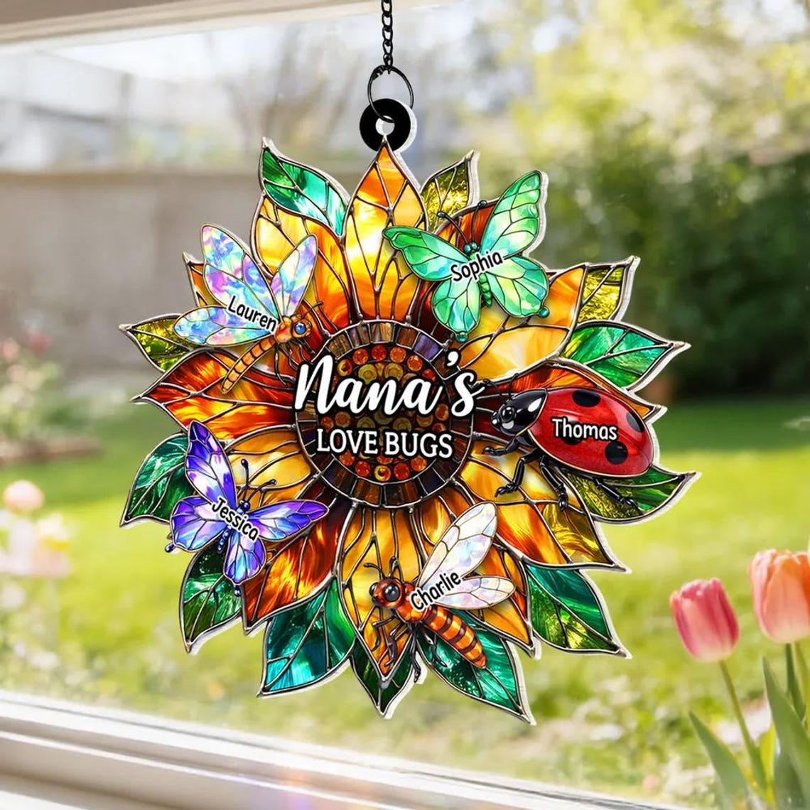 Grandma's Love Bugs Sunflower - Personalized Suncatcher - Mother's Day Gift for Mom, Grandma, Wife
