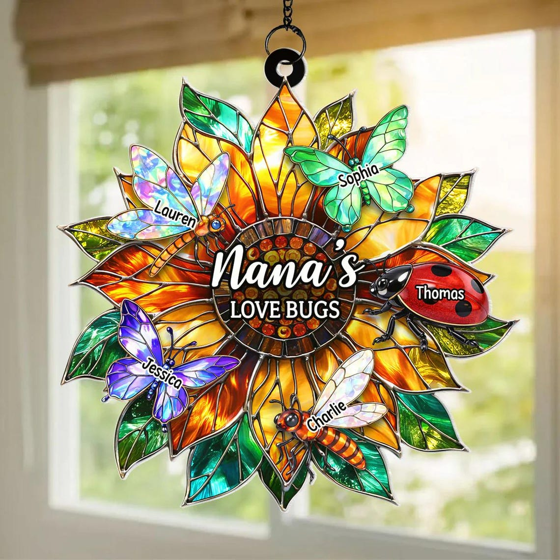 Grandma's Love Bugs Sunflower - Personalized Suncatcher - Mother's Day Gift for Mom, Grandma, Wife