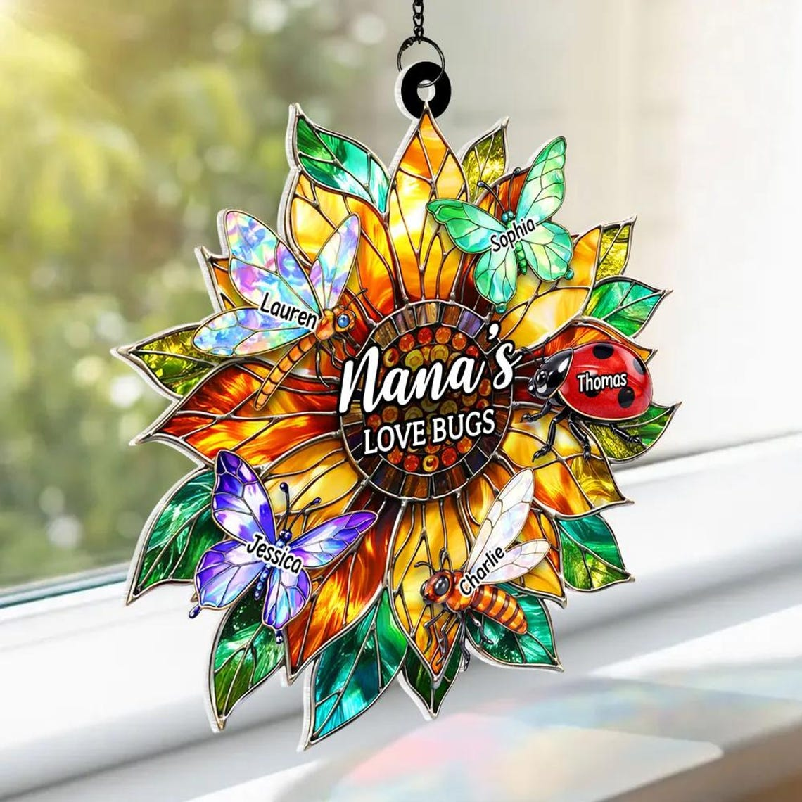 Grandma's Love Bugs Sunflower - Personalized Suncatcher - Mother's Day Gift for Mom, Grandma, Wife