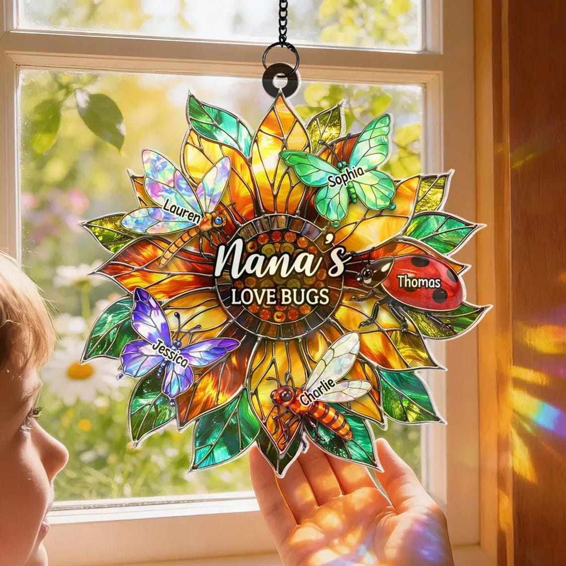 Grandma's Love Bugs Sunflower - Personalized Suncatcher - Mother's Day Gift for Mom, Grandma, Wife