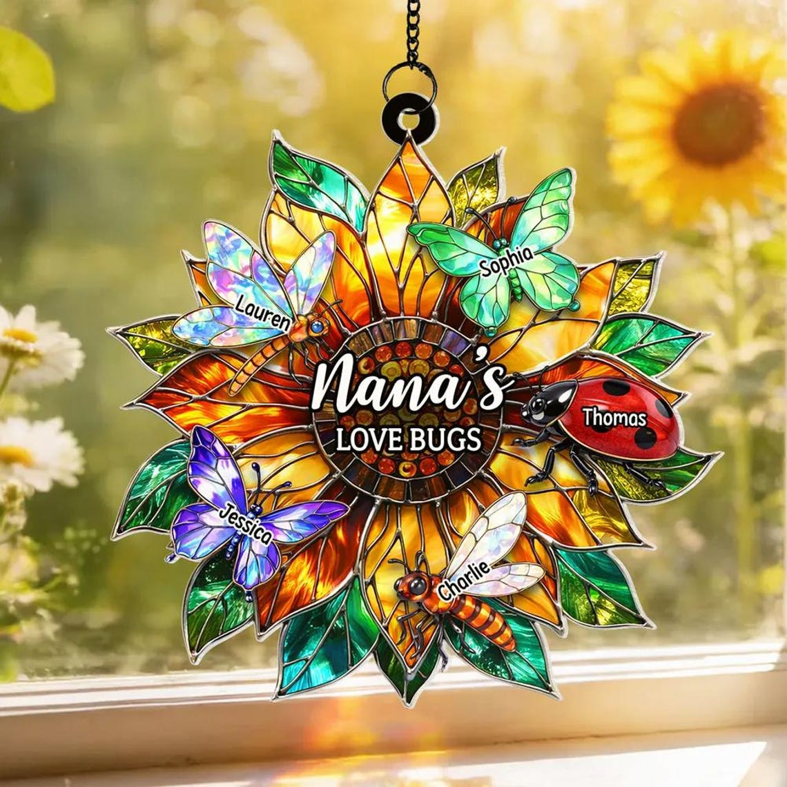 Grandma's Love Bugs Sunflower - Personalized Suncatcher - Mother's Day Gift for Mom, Grandma, Wife