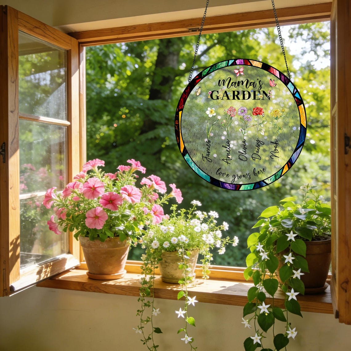 Personalized Birth Flower Garden Suncatcher,Custom Stained Glass Window Hanging,Gift for Mom&Grandma,Mom Birthday,Mother's Day Presents