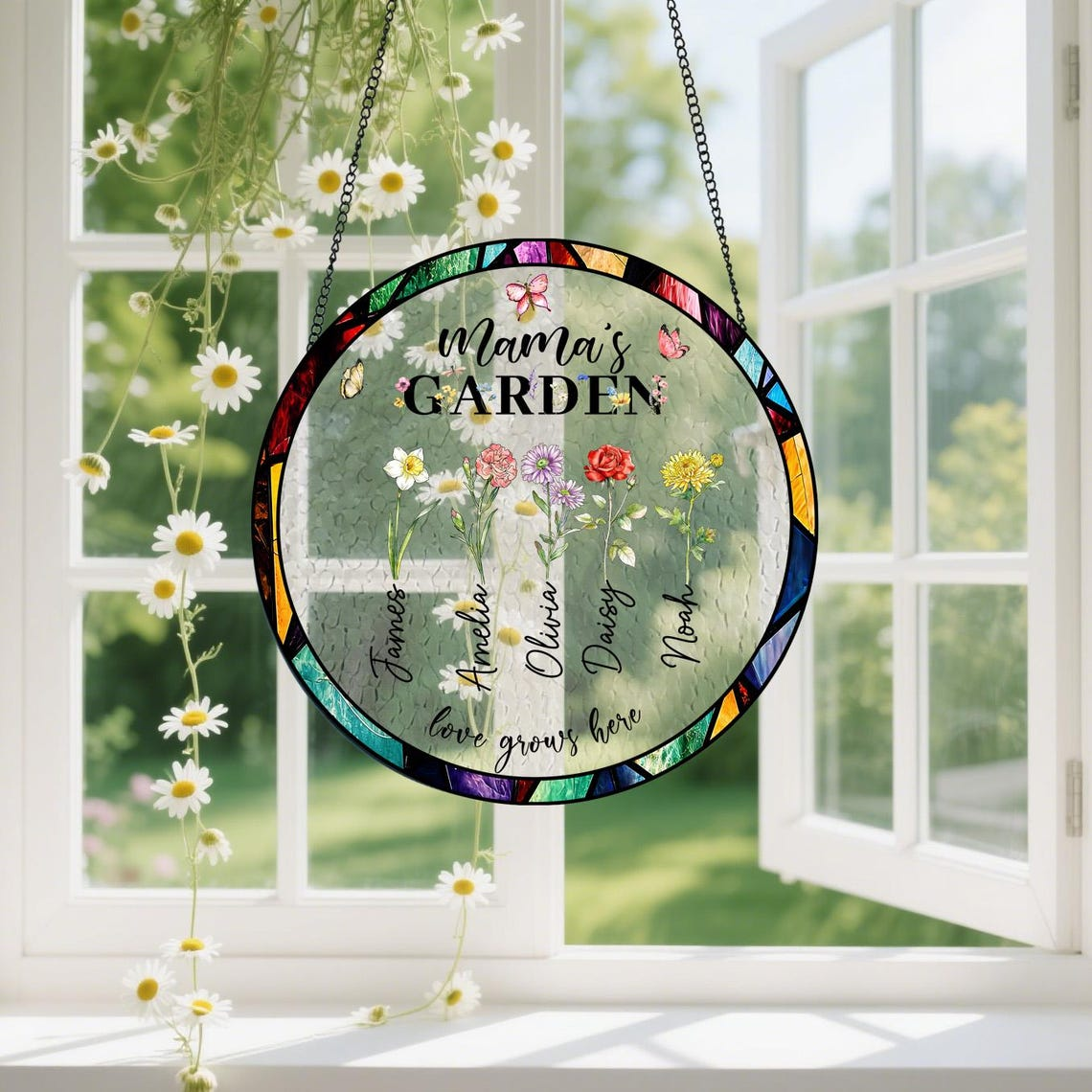 Personalized Birth Flower Garden Suncatcher,Custom Stained Glass Window Hanging,Gift for Mom&Grandma,Mom Birthday,Mother's Day Presents