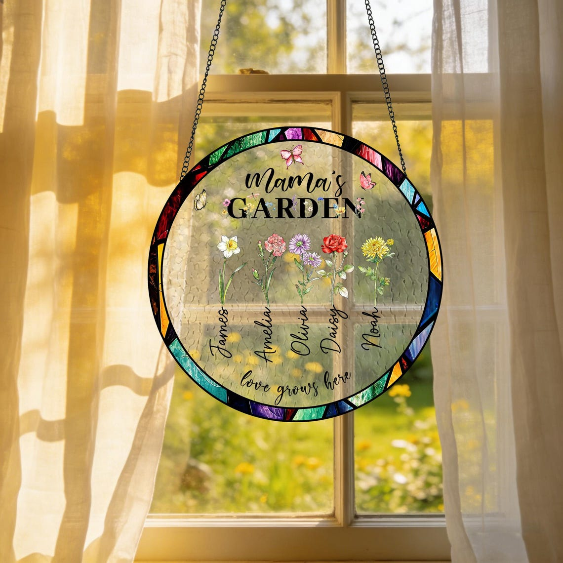Personalized Birth Flower Garden Suncatcher,Custom Stained Glass Window Hanging,Gift for Mom&Grandma,Mom Birthday,Mother's Day Presents