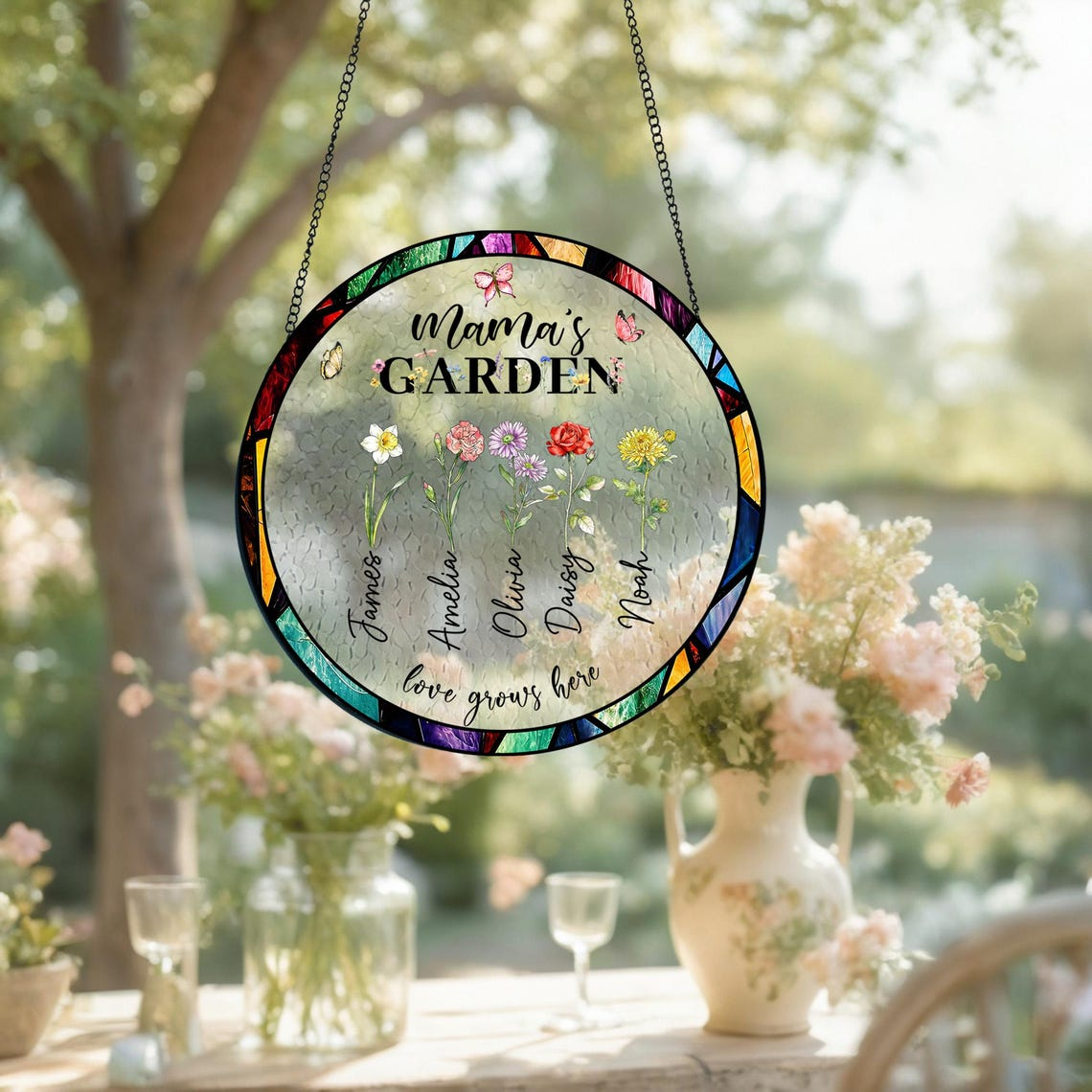 Personalized Birth Flower Garden Suncatcher,Custom Stained Glass Window Hanging,Gift for Mom&Grandma,Mom Birthday,Mother's Day Presents