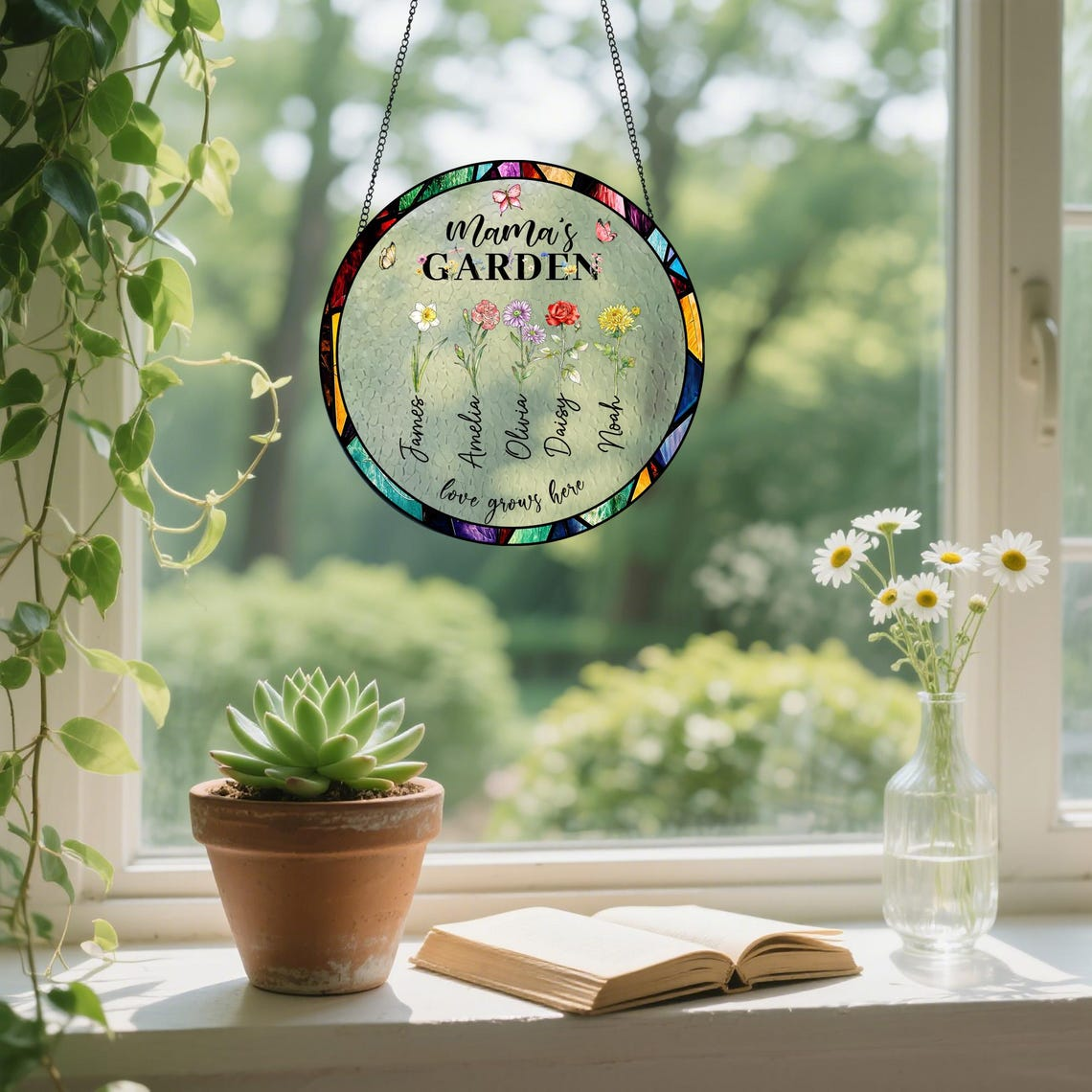 Personalized Birth Flower Garden Suncatcher,Custom Stained Glass Window Hanging,Gift for Mom&Grandma,Mom Birthday,Mother's Day Presents