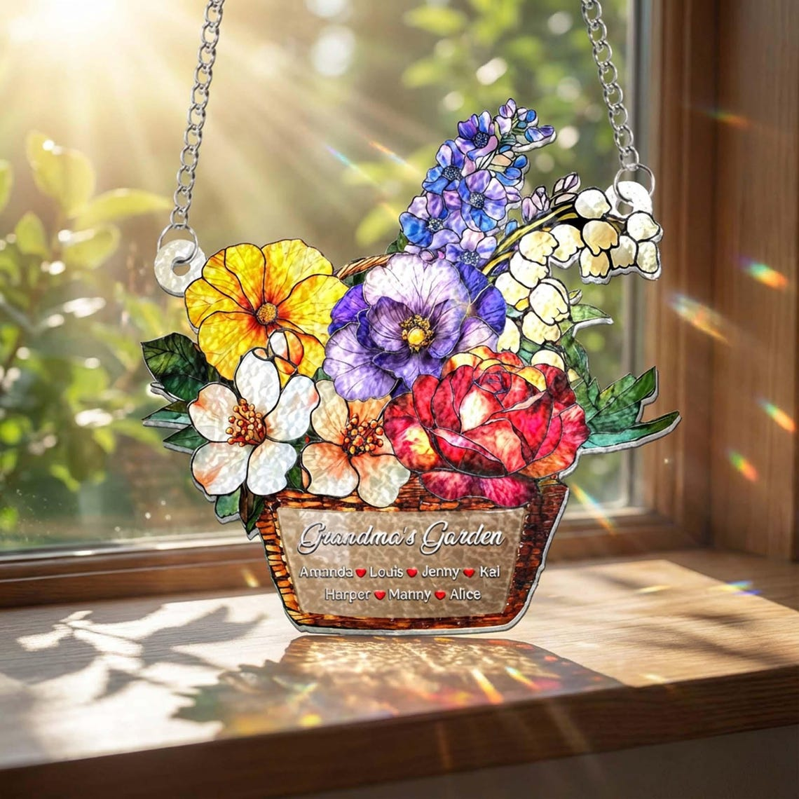 Custom Grandma's Garden Wavy Acrylic Suncatcher, Personalized Birth Month Flower Acrylic Window Hanging, Mothers Day Grandma Gift