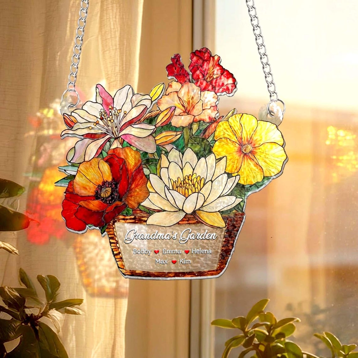 Custom Grandma's Garden Wavy Acrylic Suncatcher, Personalized Birth Month Flower Acrylic Window Hanging, Mothers Day Grandma Gift