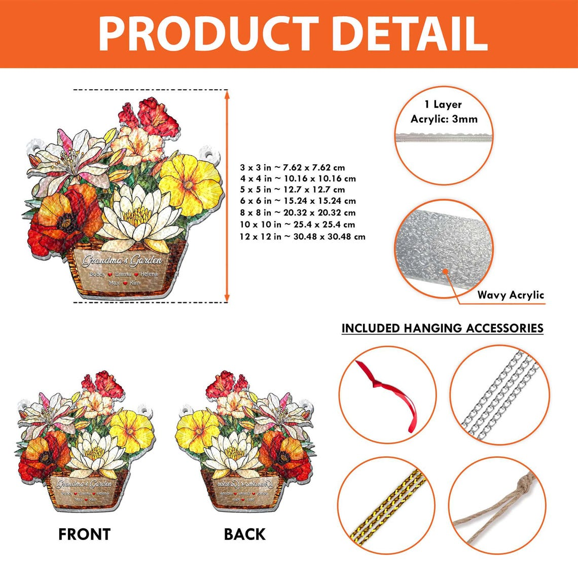 Custom Grandma's Garden Wavy Acrylic Suncatcher, Personalized Birth Month Flower Acrylic Window Hanging, Mothers Day Grandma Gift