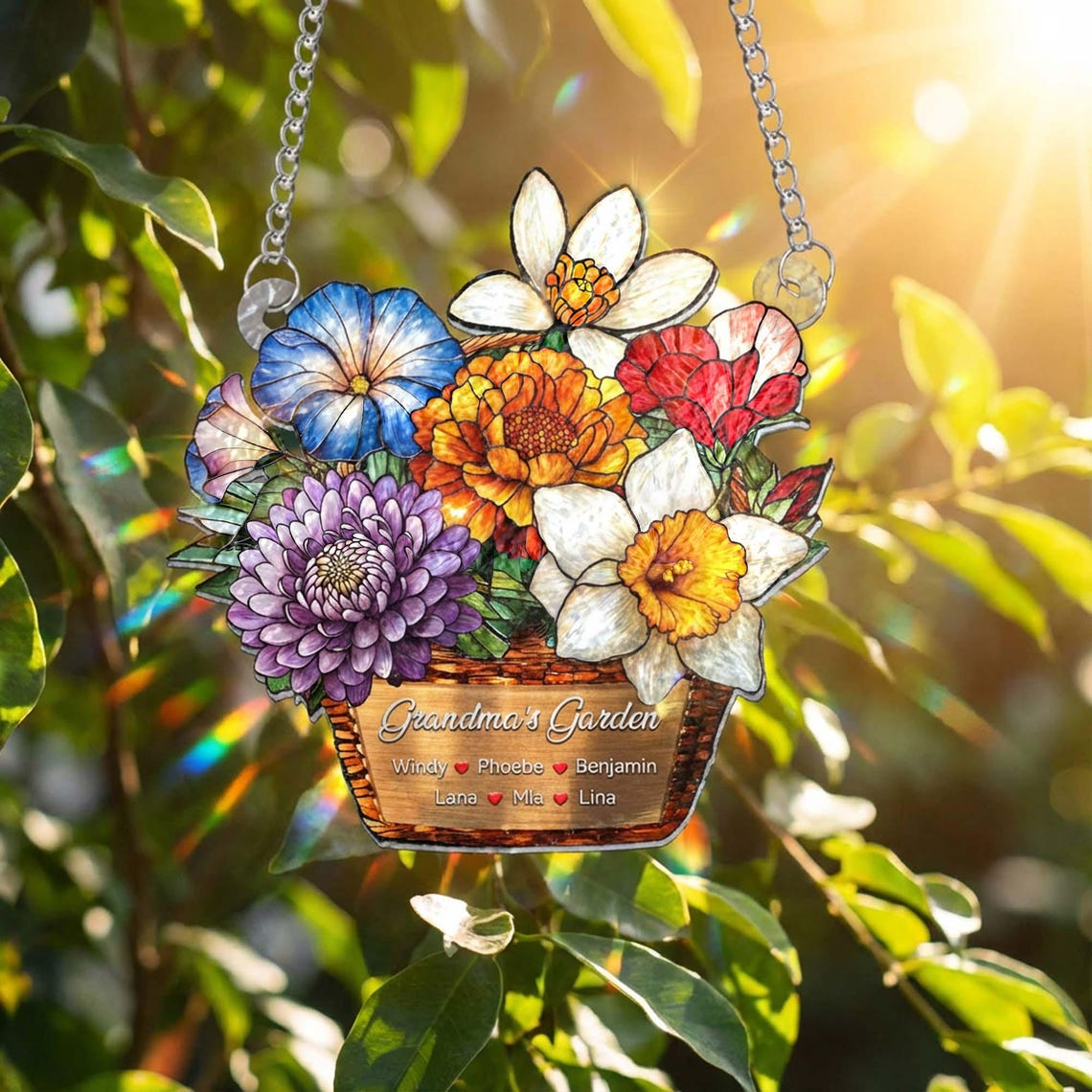 Custom Grandma's Garden Wavy Acrylic Suncatcher, Personalized Birth Month Flower Acrylic Window Hanging, Mothers Day Grandma Gift