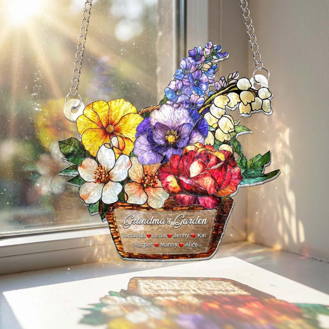 Custom Grandma's Garden Wavy Acrylic Suncatcher, Personalized Birth Month Flower Acrylic Window Hanging, Mothers Day Grandma Gift