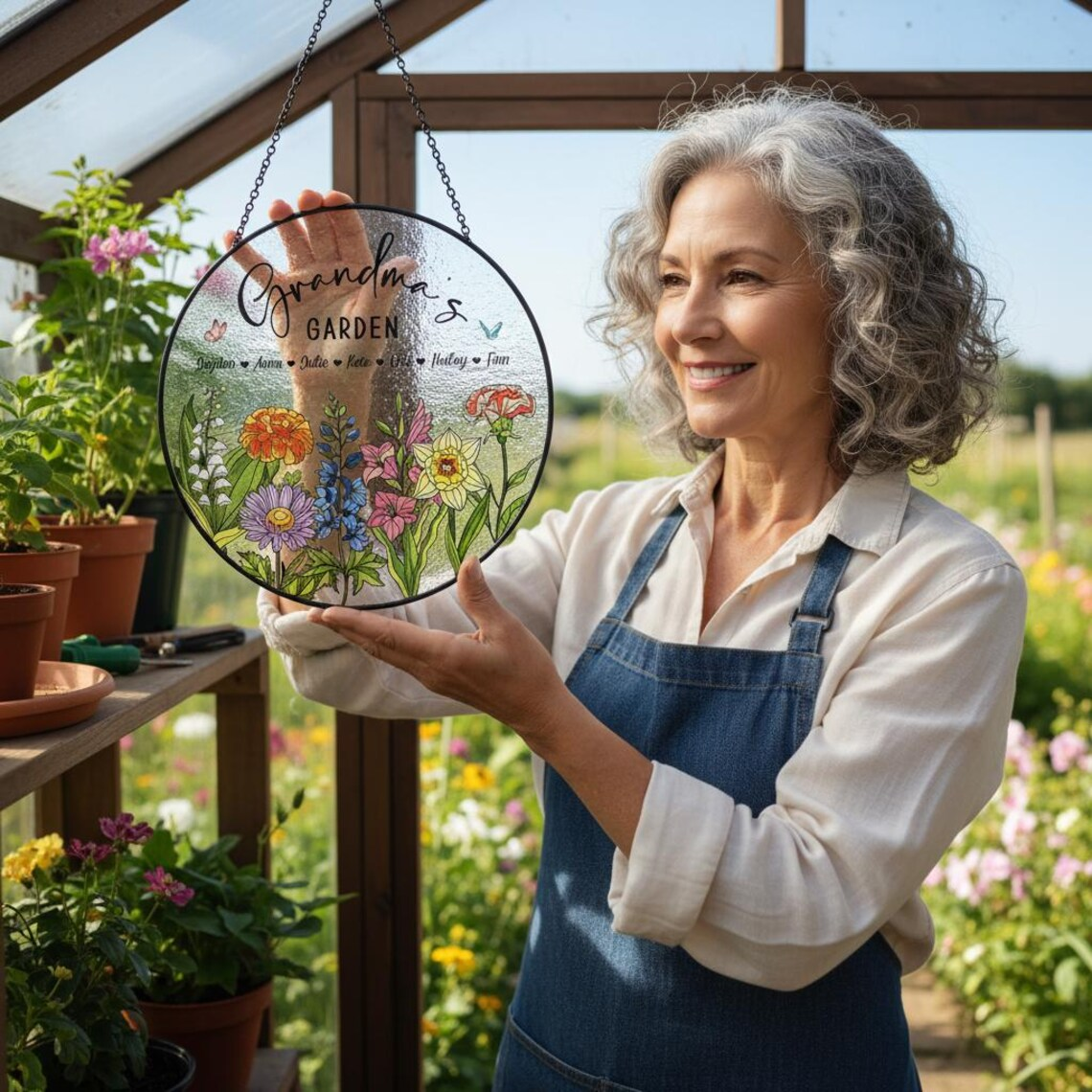 Personalized Birth Flowers Glass Art Suncatcher – Grandma's Garden Gift, Mother's Day Gift, Grandma Gift From Grandkids, Wall Window Decor