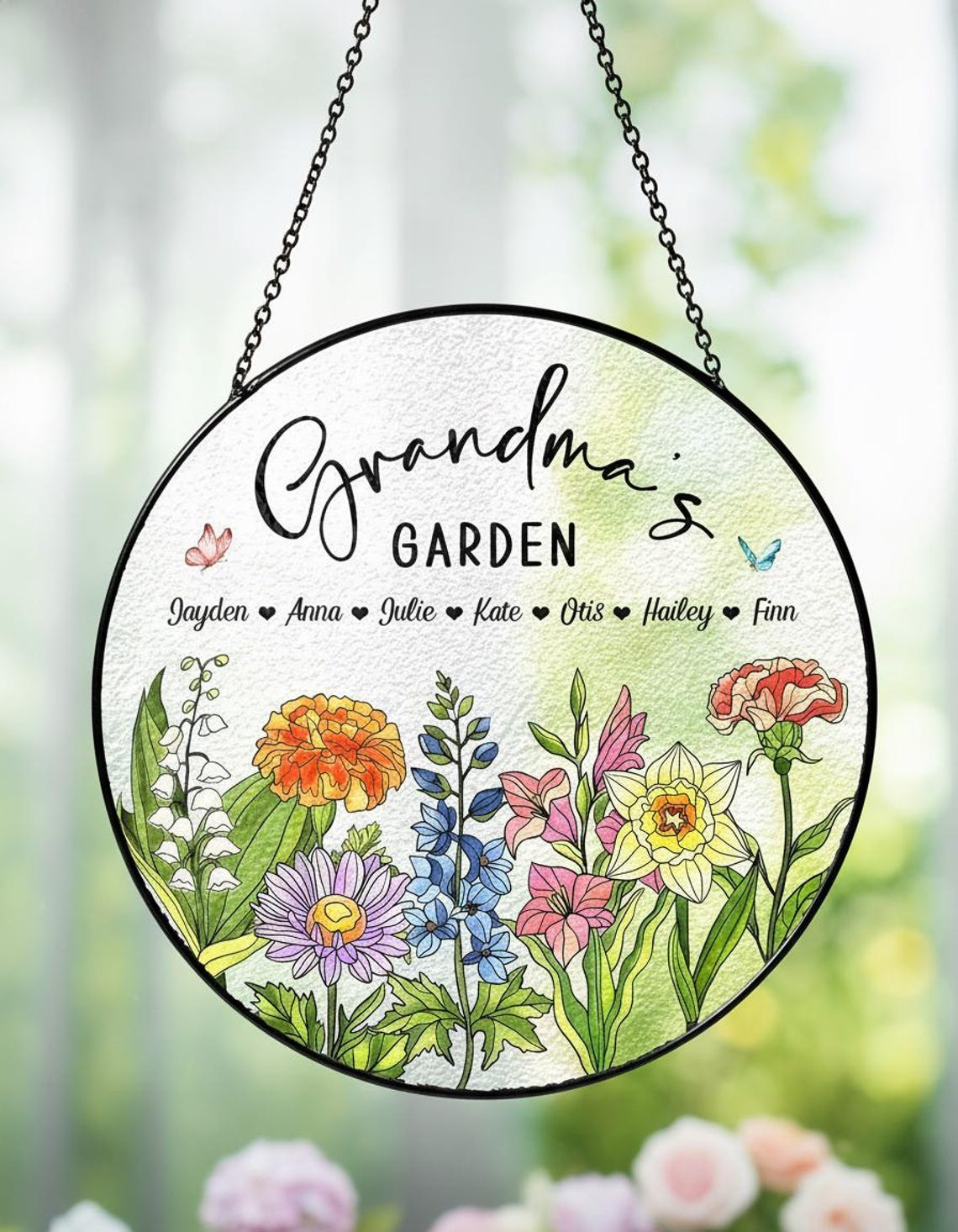 Personalized Birth Flowers Glass Art Suncatcher – Grandma's Garden Gift, Mother's Day Gift, Grandma Gift From Grandkids, Wall Window Decor