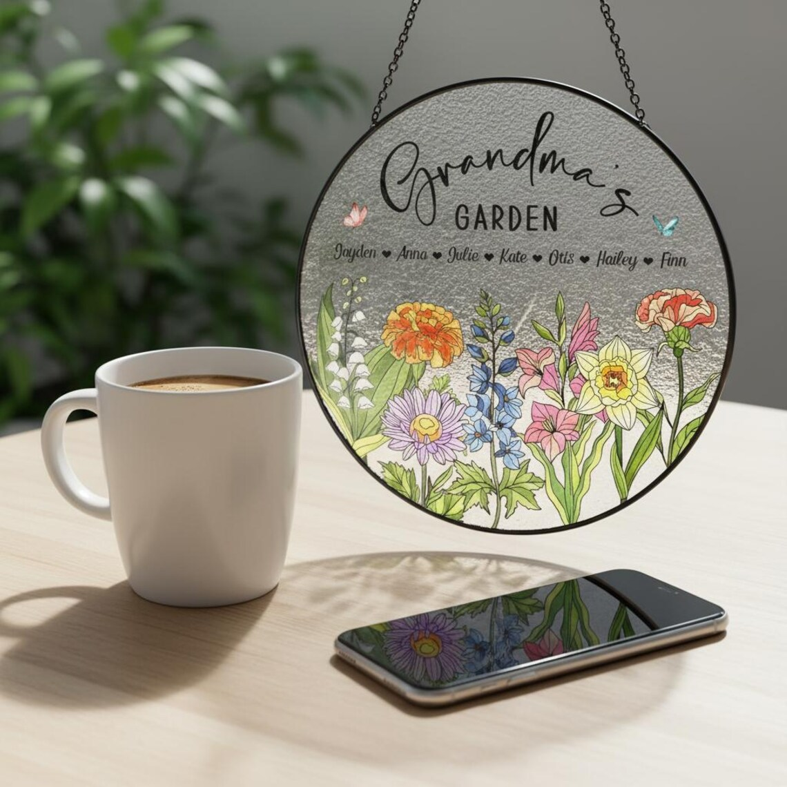 Personalized Birth Flowers Glass Art Suncatcher – Grandma's Garden Gift, Mother's Day Gift, Grandma Gift From Grandkids, Wall Window Decor