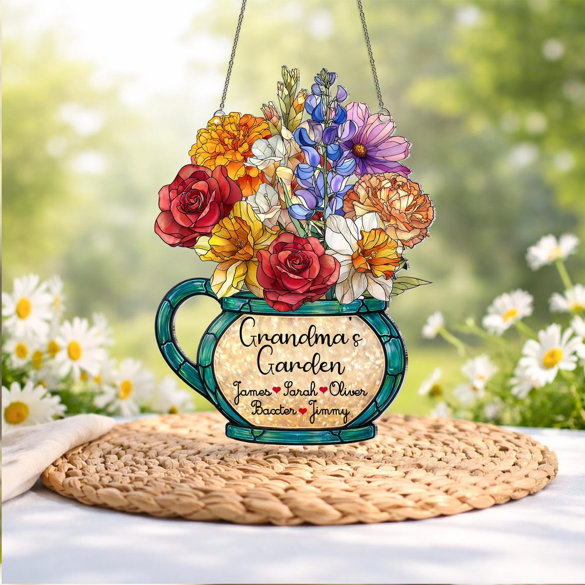 Personalized Birth Month Flower Suncatcher, Grandma's Garden Stained Glass Acrylic Window Hanging, Mother's Day Gift, Grandma Gift, Mom Gift