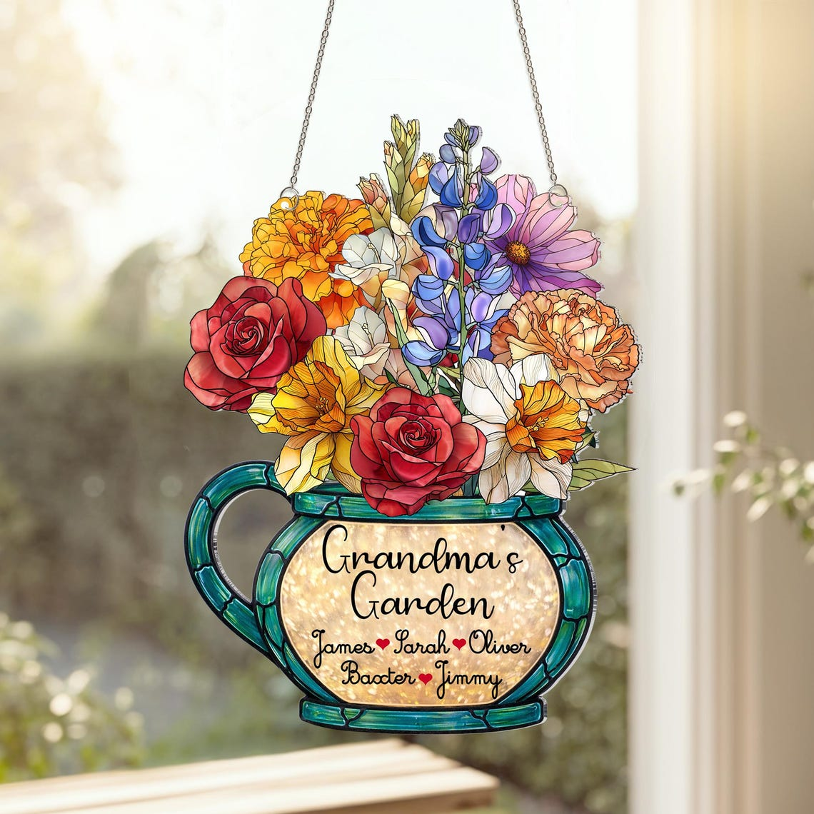 Personalized Birth Month Flower Suncatcher, Grandma's Garden Stained Glass Acrylic Window Hanging, Mother's Day Gift, Grandma Gift, Mom Gift