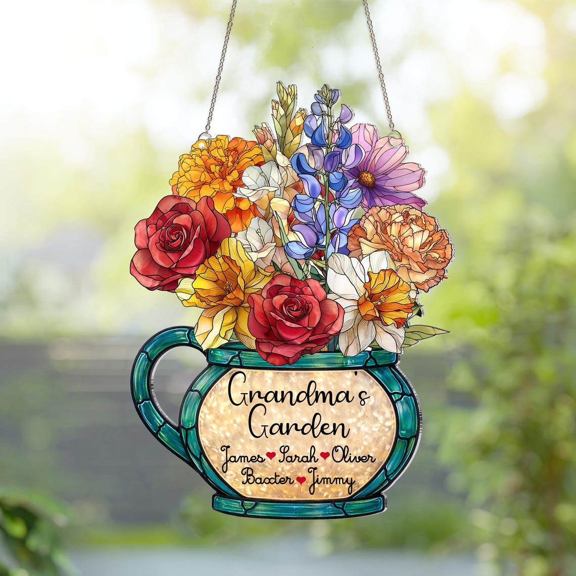 Personalized Birth Month Flower Suncatcher, Grandma's Garden Stained Glass Acrylic Window Hanging, Mother's Day Gift, Grandma Gift, Mom Gift