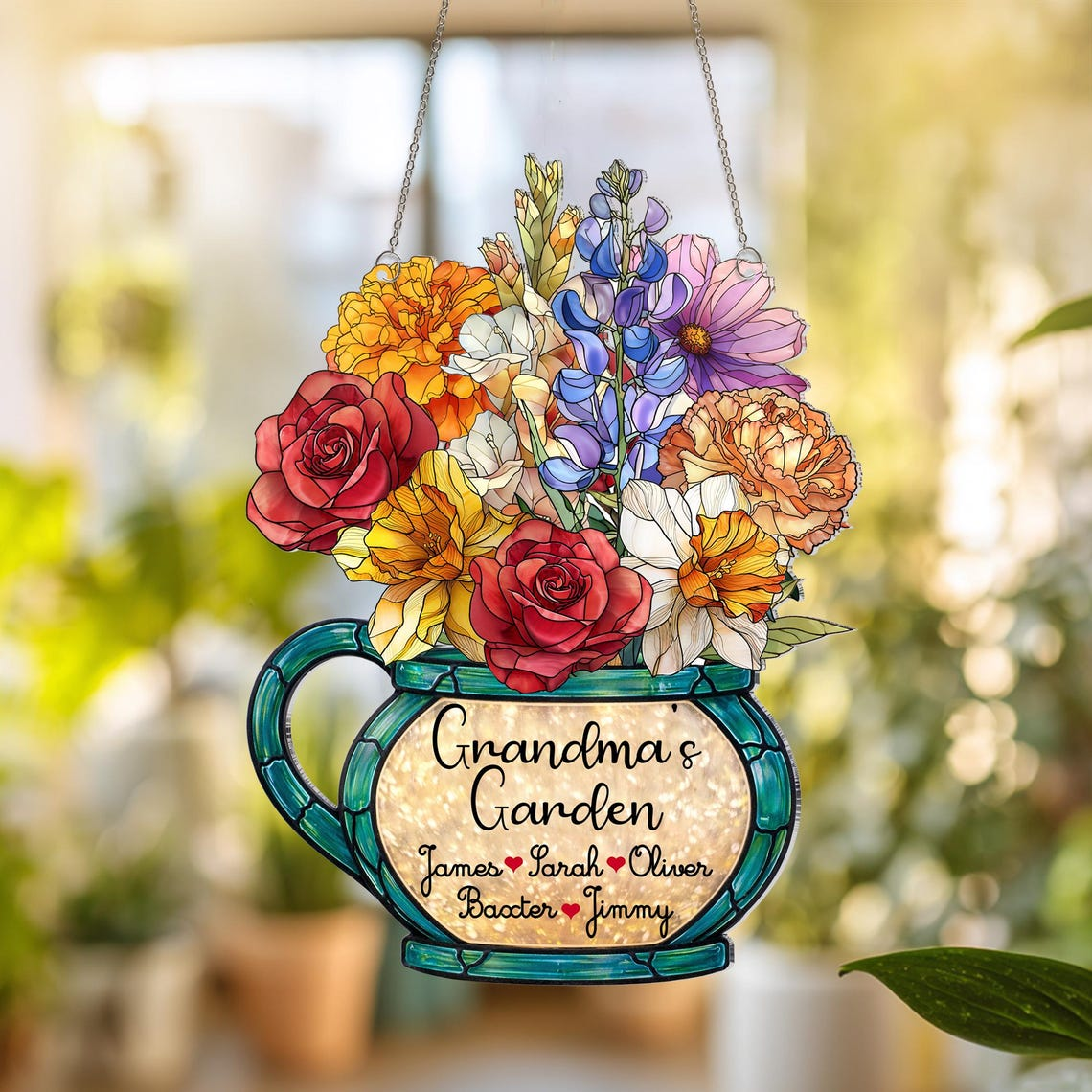 Personalized Birth Month Flower Suncatcher, Grandma's Garden Stained Glass Acrylic Window Hanging, Mother's Day Gift, Grandma Gift, Mom Gift