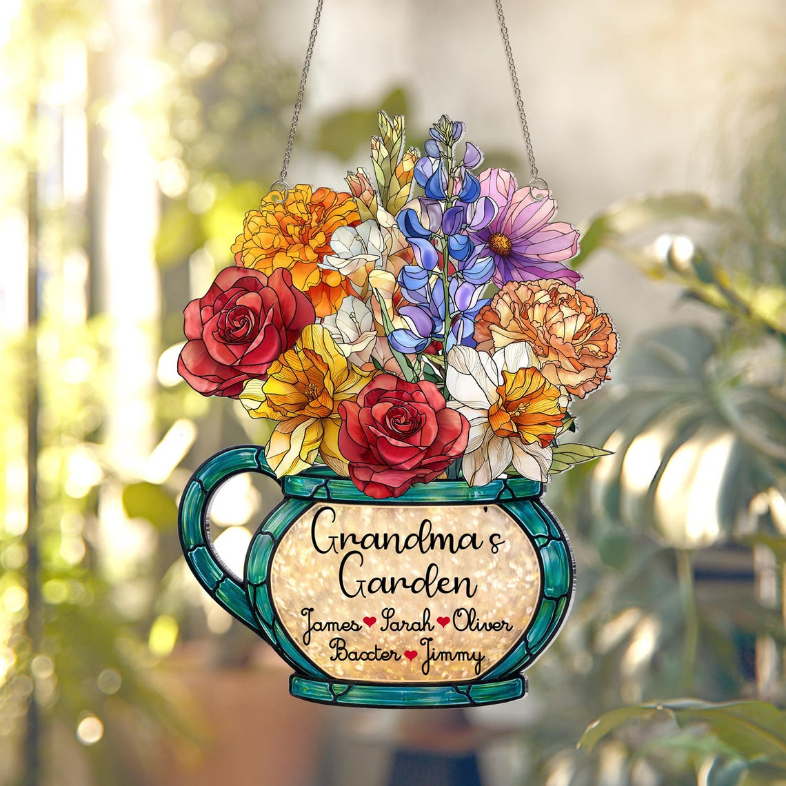 Personalized Birth Month Flower Suncatcher, Grandma's Garden Stained Glass Acrylic Window Hanging, Mother's Day Gift, Grandma Gift, Mom Gift
