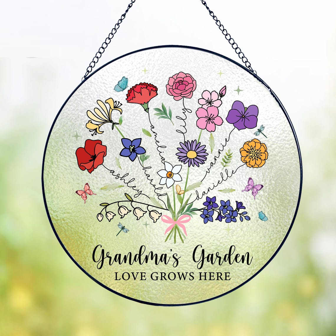 Custom Birth Flower Stained Suncatcher, Grandmas Garden Stained Glass ...