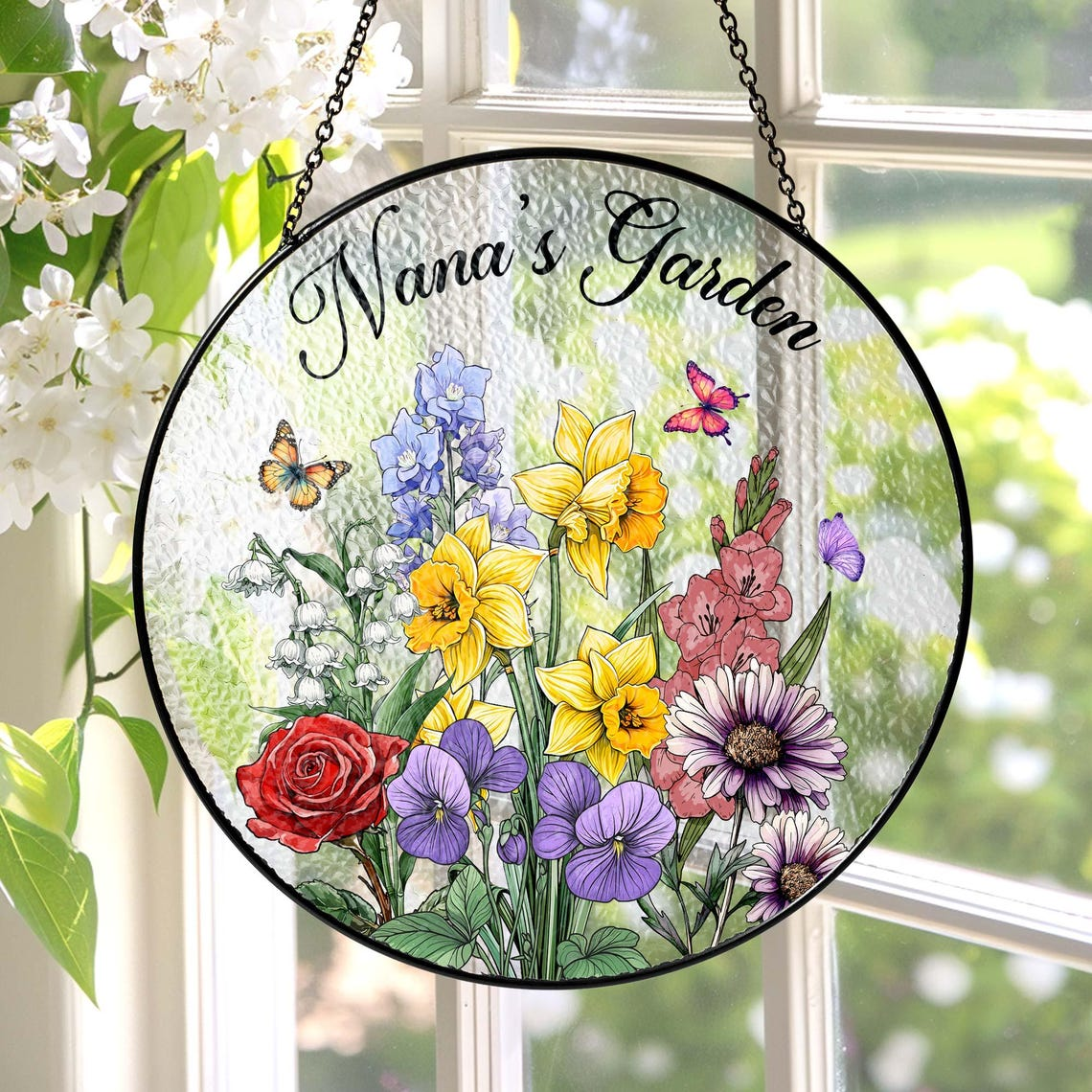 Custom Family Birth Flowers Glass Suncatcher, Custom Mom's Garden Gift,Flower Glass Art,Birth Flower Gift For Nana,Mother's Day Gift For Mom