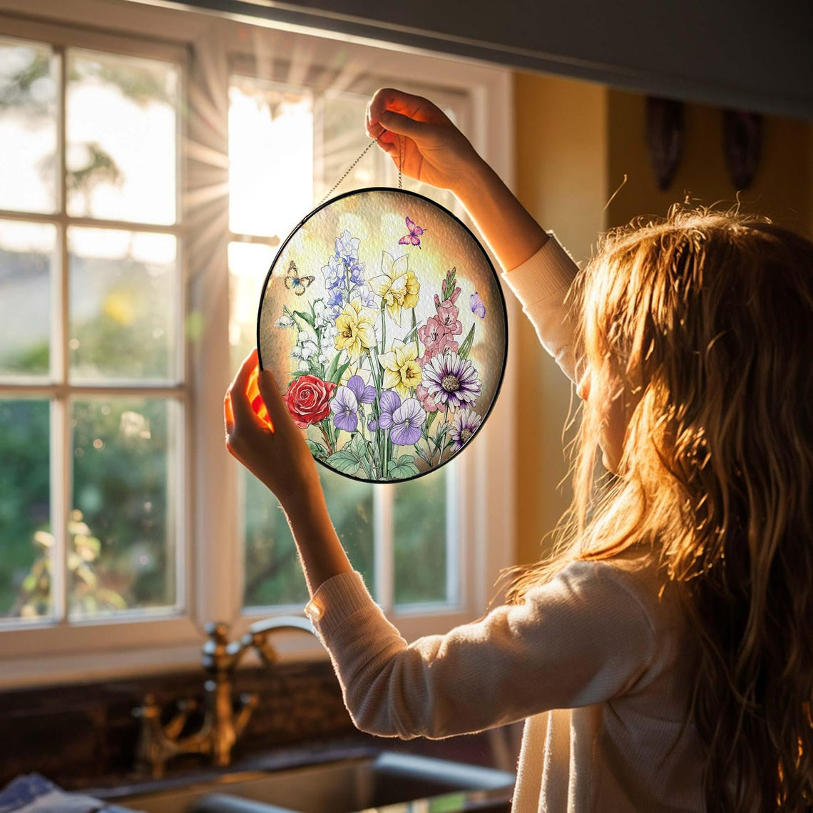 Custom Family Birth Flowers Glass Suncatcher, Custom Mom's Garden Gift,Flower Glass Art,Birth Flower Gift For Nana,Mother's Day Gift For Mom