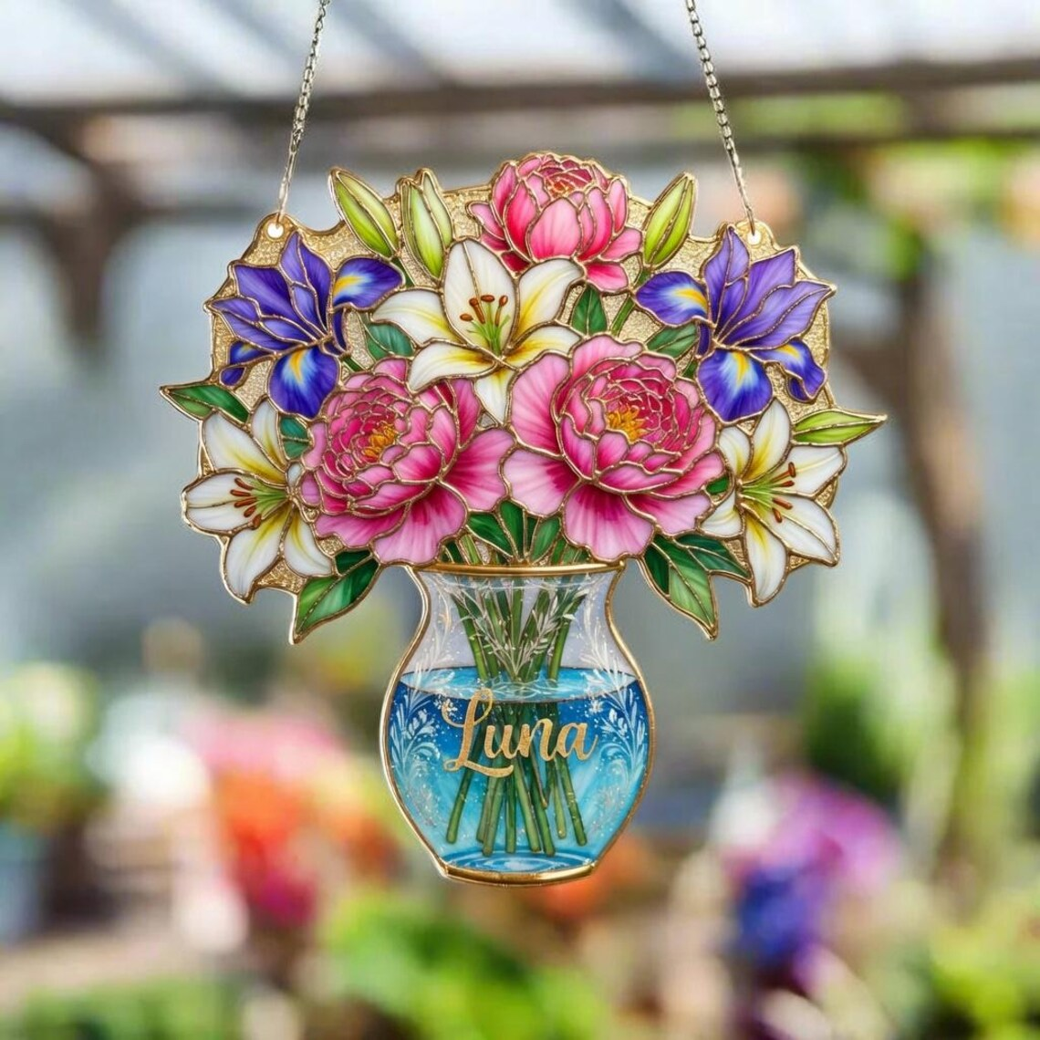 Personalized Floral Bouquet Suncatcher, Custom Flower Vase Window Hanging, Peony & Iris Wall Art, Mother's Day Gift, Botanical Home Decor