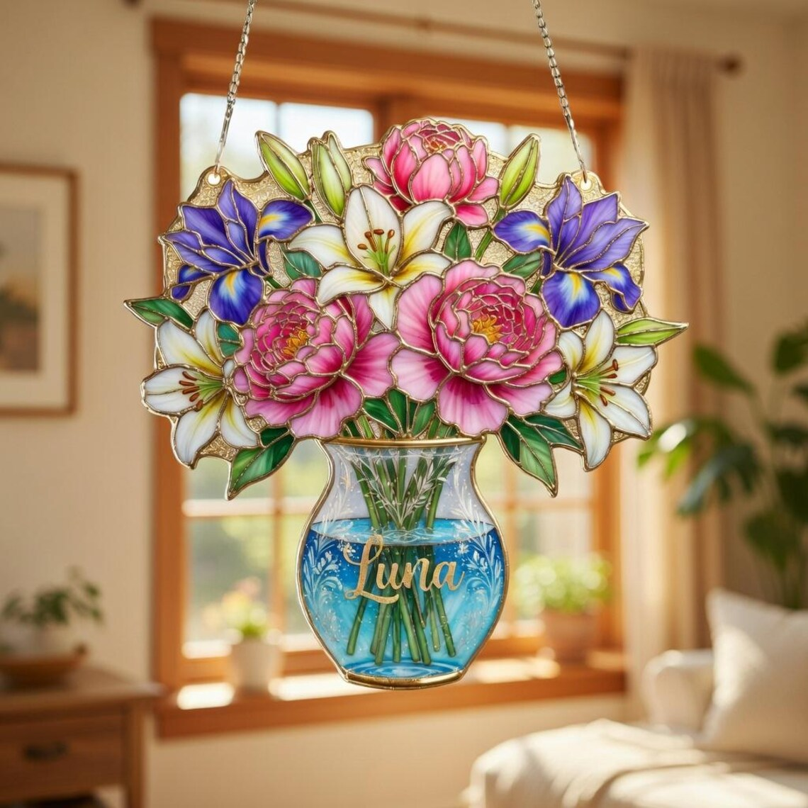 Personalized Floral Bouquet Suncatcher, Custom Flower Vase Window Hanging, Peony & Iris Wall Art, Mother's Day Gift, Botanical Home Decor
