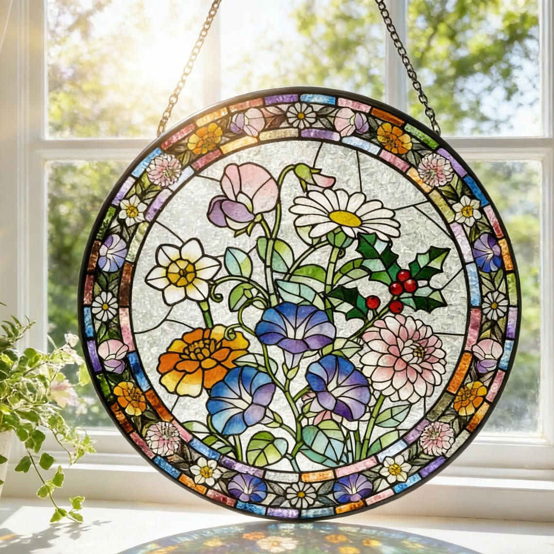 Personalized Stained Glass Birth Flower Suncatcher Floral Window Hanging, Mother’s Day Gift