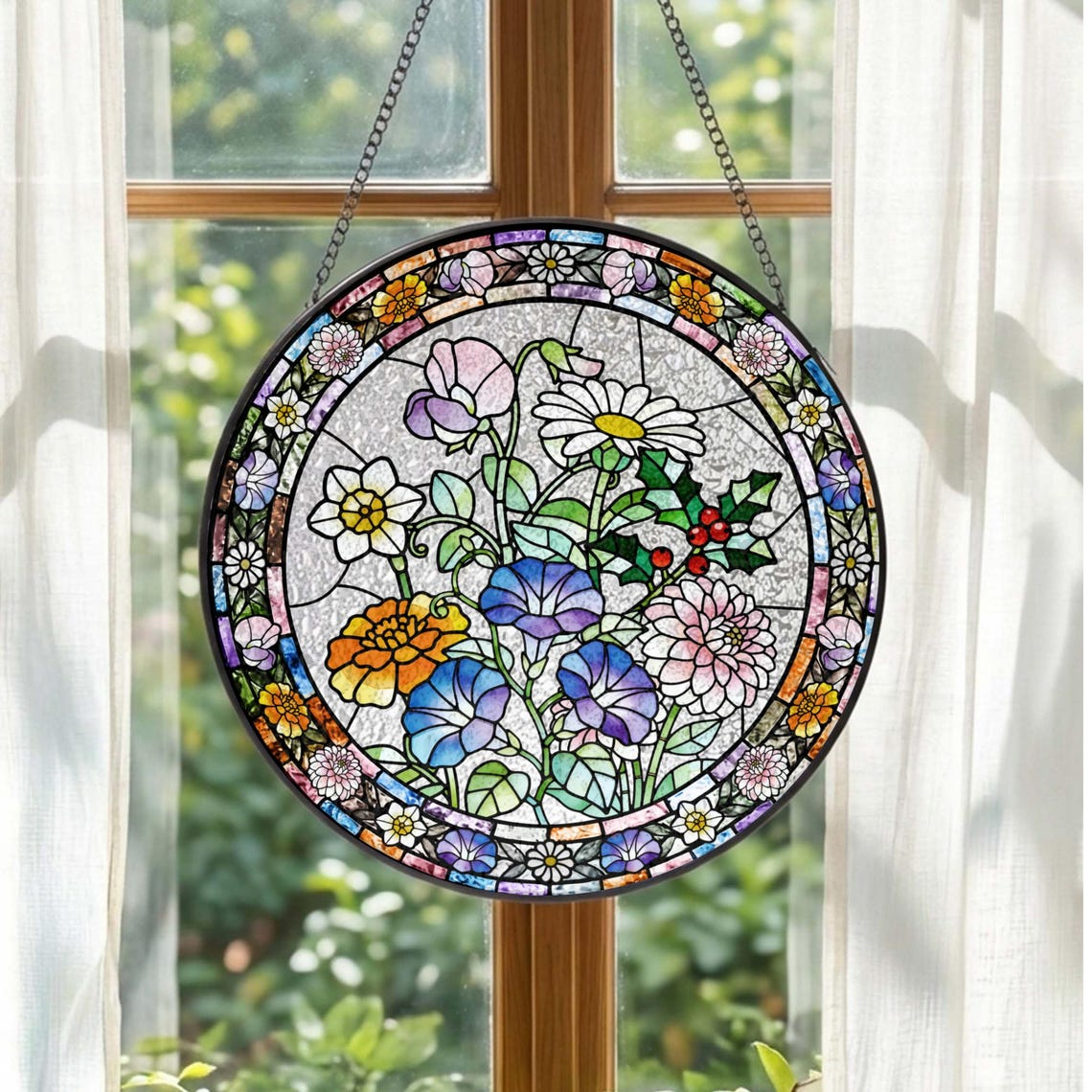 Personalized Stained Glass Birth Flower Suncatcher Floral Window Hanging, Mother’s Day Gift