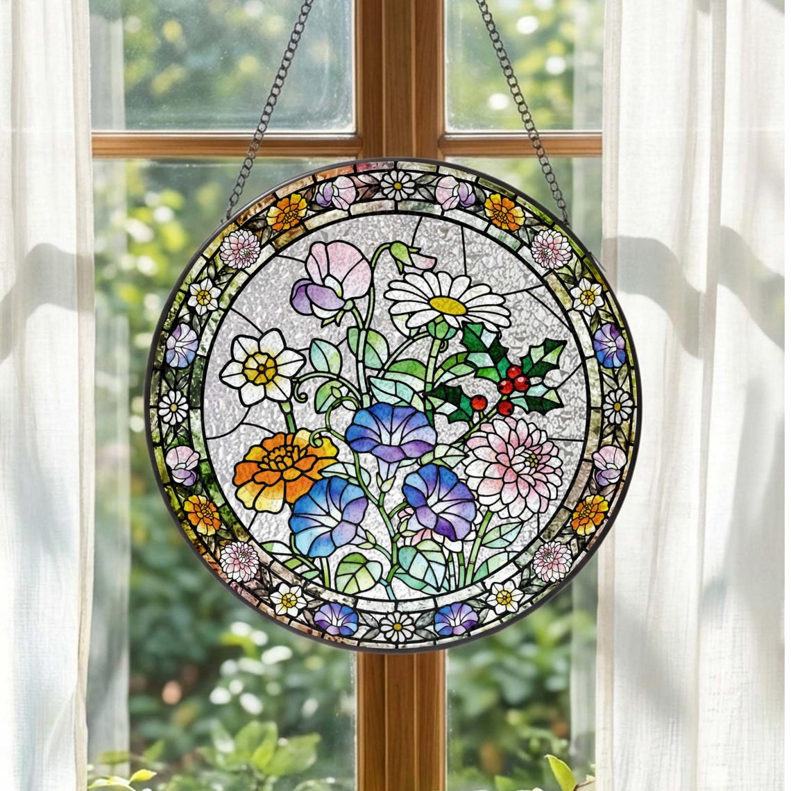 Personalized Stained Glass Birth Flower Suncatcher Floral Window Hanging, Mother’s Day Gift
