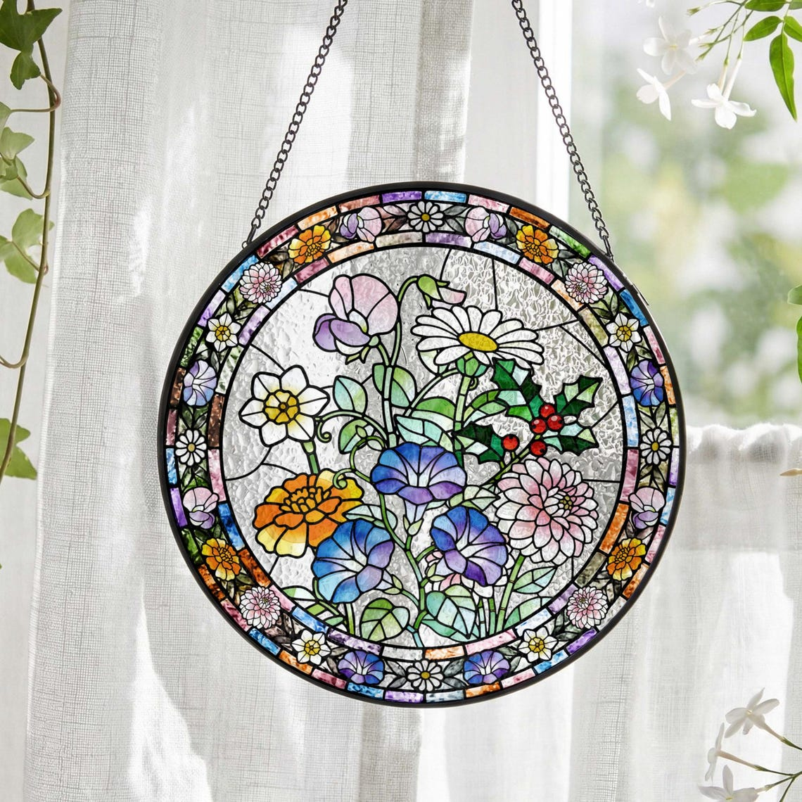 Personalized Stained Glass Birth Flower Suncatcher Floral Window Hanging, Mother’s Day Gift