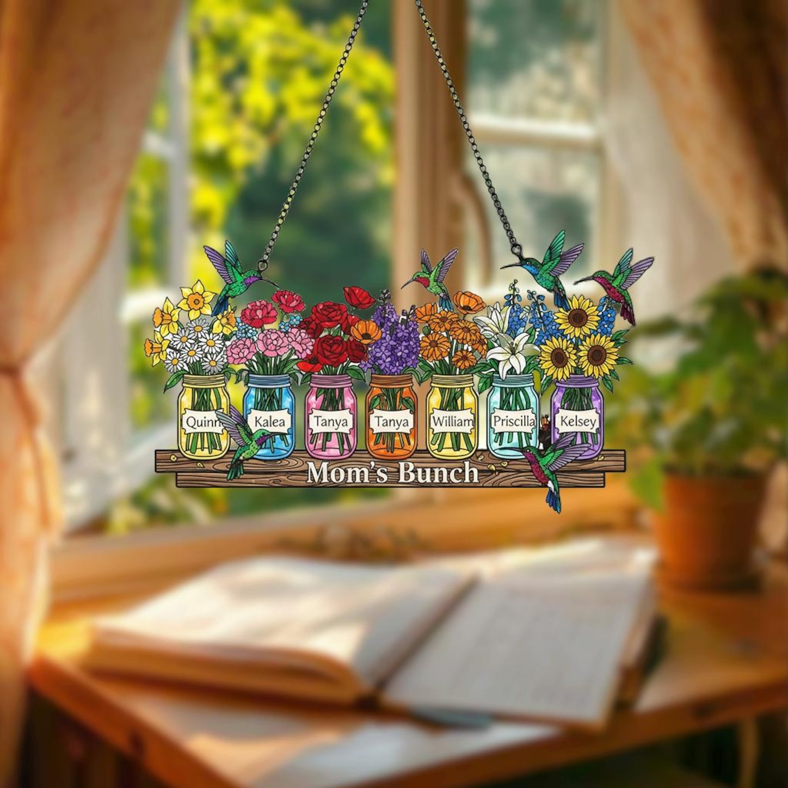 Personalized Mother's Day Suncatcher, Custom Birth Flower, Mom’s Bunch Gift, Mason Jar Window Hanging, Mother's Day Gift, Nana's Blessings