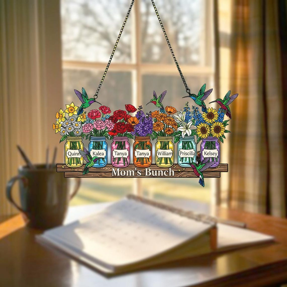 Personalized Mother's Day Suncatcher, Custom Birth Flower, Mom’s Bunch Gift, Mason Jar Window Hanging, Mother's Day Gift, Nana's Blessings
