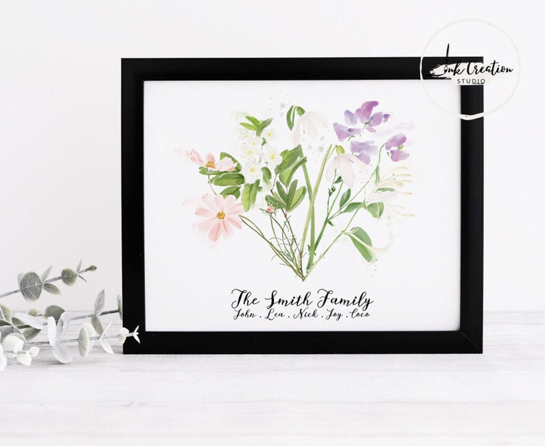 Custom Family Birth Flower Bouquet Print, Personalized Birth Month Flower Bunch Canvas With Family Names, Unique Birthday Gift for Mommy