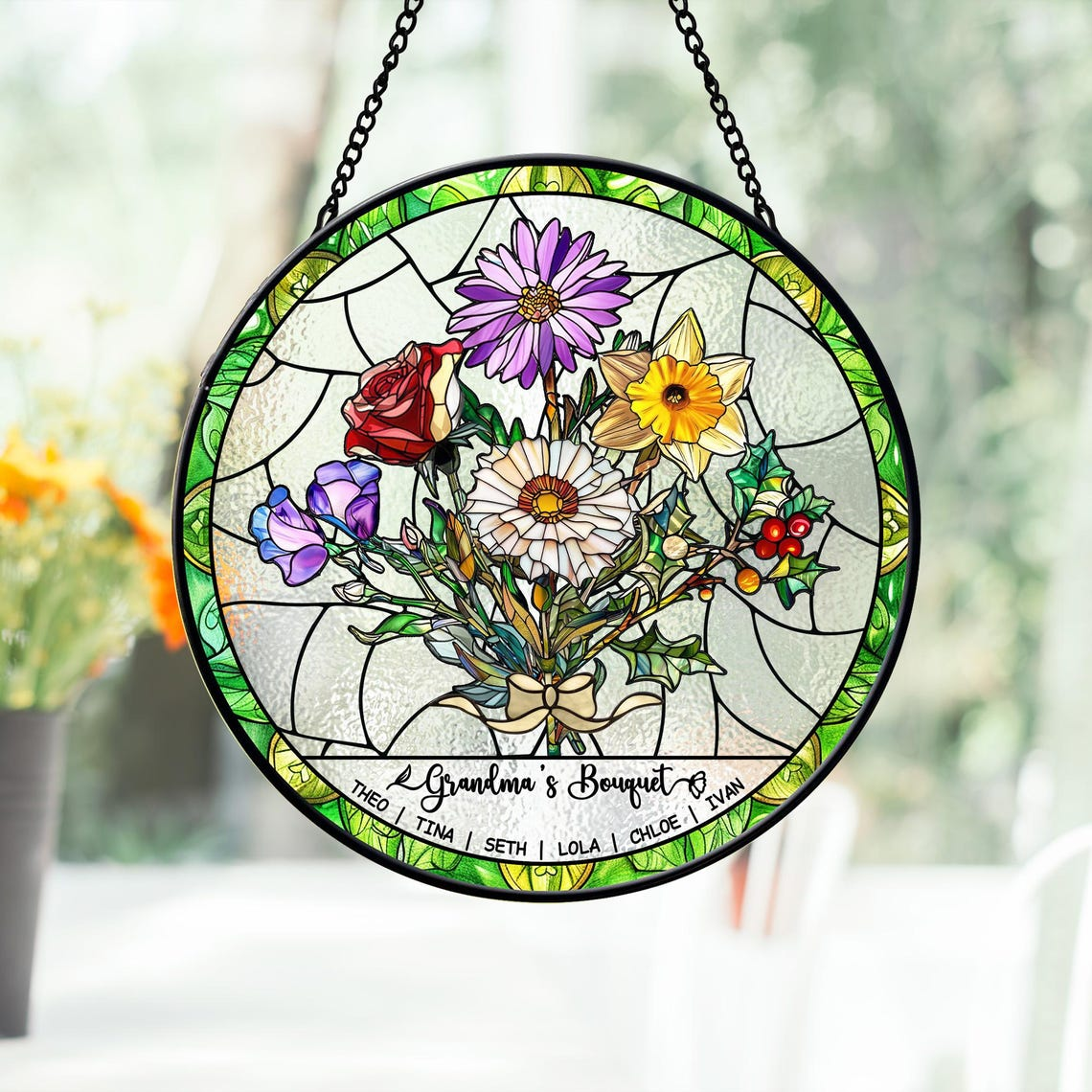 Personalized Birth Flowers Stained Glass Art Suncatcher, Birth Flower Gift Mothers Day Gift, Mother's Day Gift, Grandma's Garden Gift