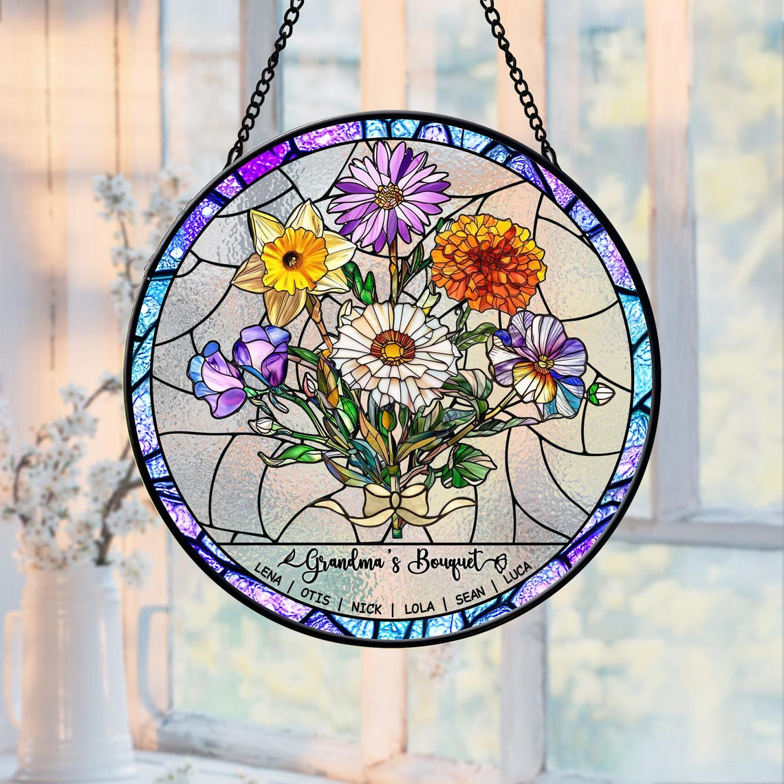 Personalized Birth Flowers Stained Glass Art Suncatcher, Birth Flower Gift Mothers Day Gift, Mother's Day Gift, Grandma's Garden Gift
