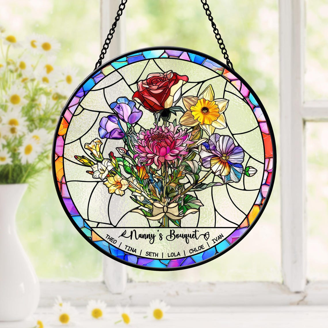 Personalized Birth Flowers Stained Glass Art Suncatcher, Birth Flower Gift Mothers Day Gift, Mother's Day Gift, Grandma's Garden Gift