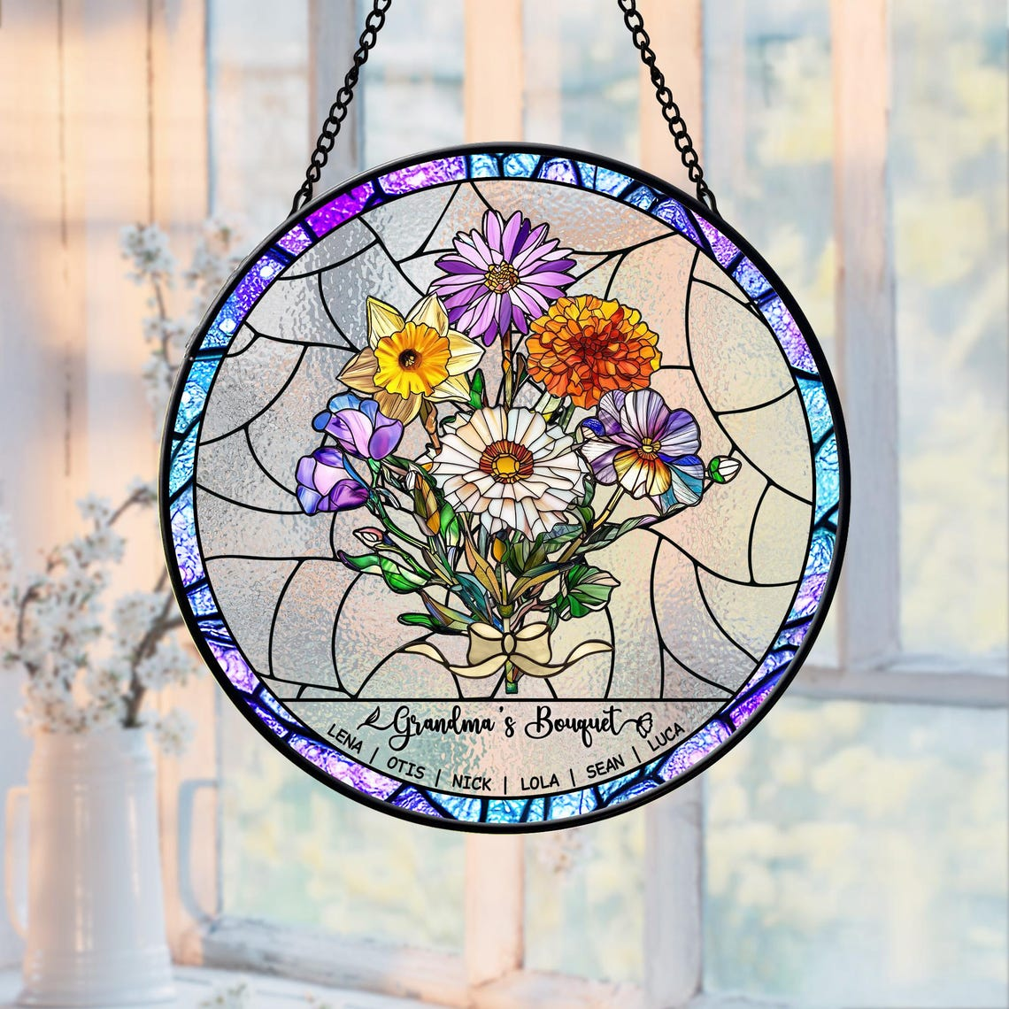 Personalized Birth Flowers Stained Glass Art Suncatcher, Birth Flower Gift Mothers Day Gift, Mother's Day Gift, Grandma's Garden Gift