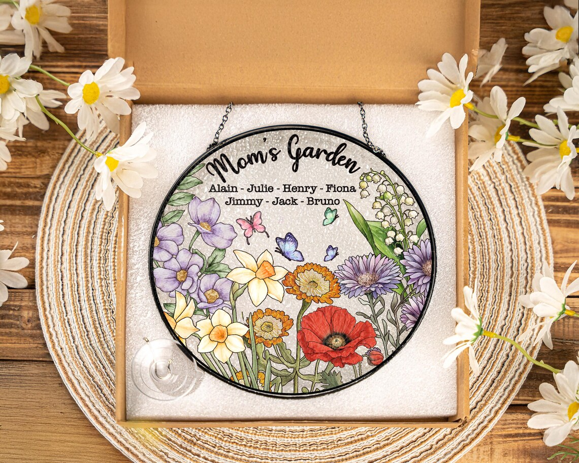 Grandma's Garden Stained Glass Suncatcher,Family Birth Flowers,Grandma Gift,Mothers Day Gift For Grandma Nana,Mom's Garden,Window Hanging