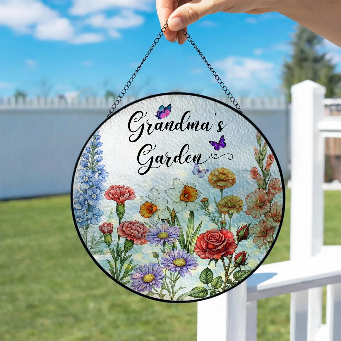 Custom Family Birth Flower Glass Suncatcher, Personalized Grandma’s Garden Window Decor, Mother’s Day Gift for Mom, Nana Stained Glass Art