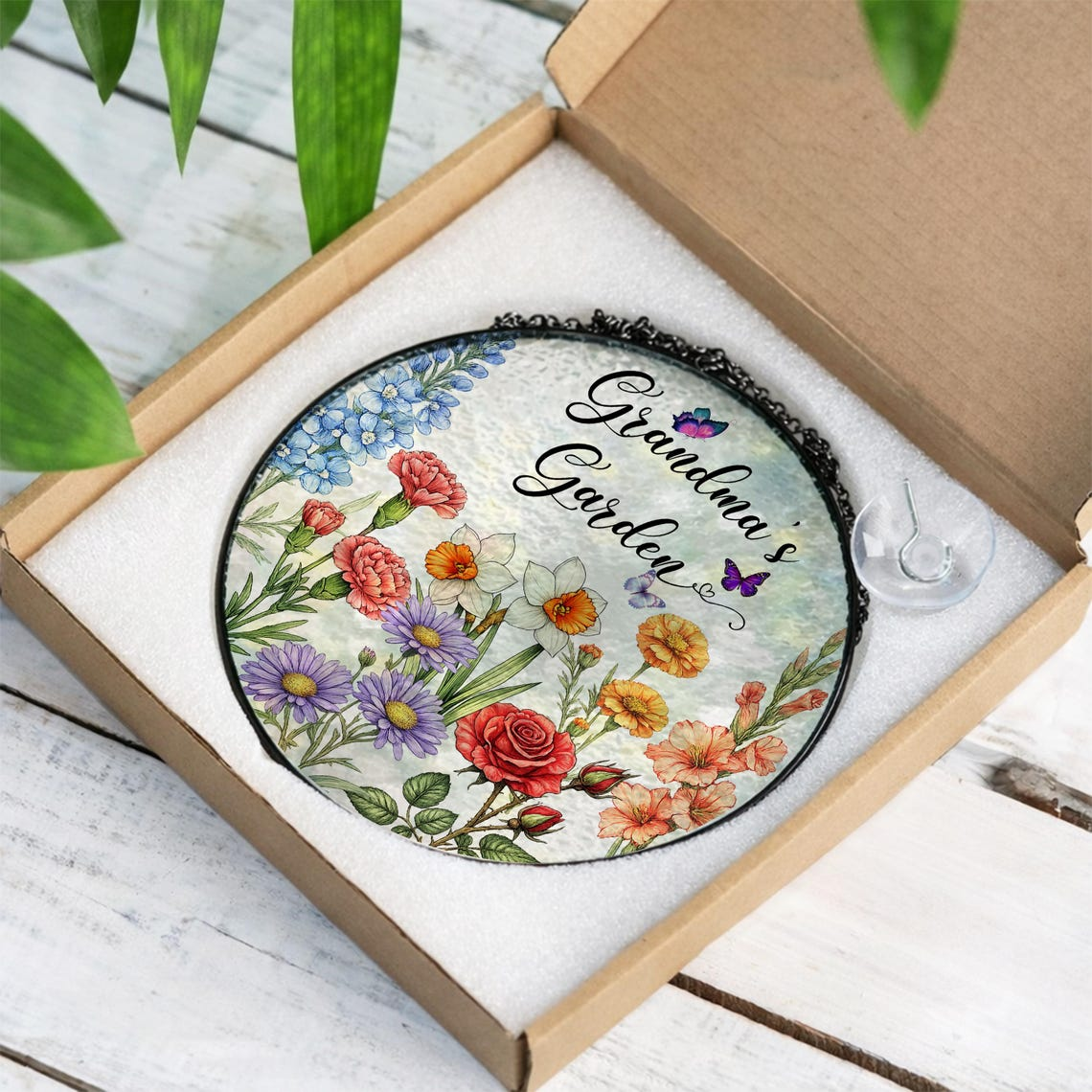 Custom Family Birth Flower Glass Suncatcher, Personalized Grandma’s Garden Window Decor, Mother’s Day Gift for Mom, Nana Stained Glass Art