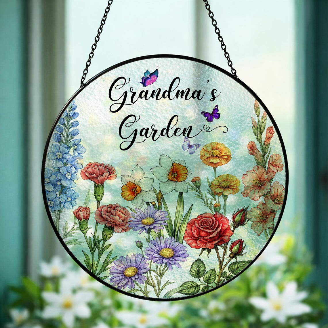 Custom Family Birth Flower Glass Suncatcher, Personalized Grandma’s Garden Window Decor, Mother’s Day Gift for Mom, Nana Stained Glass Art