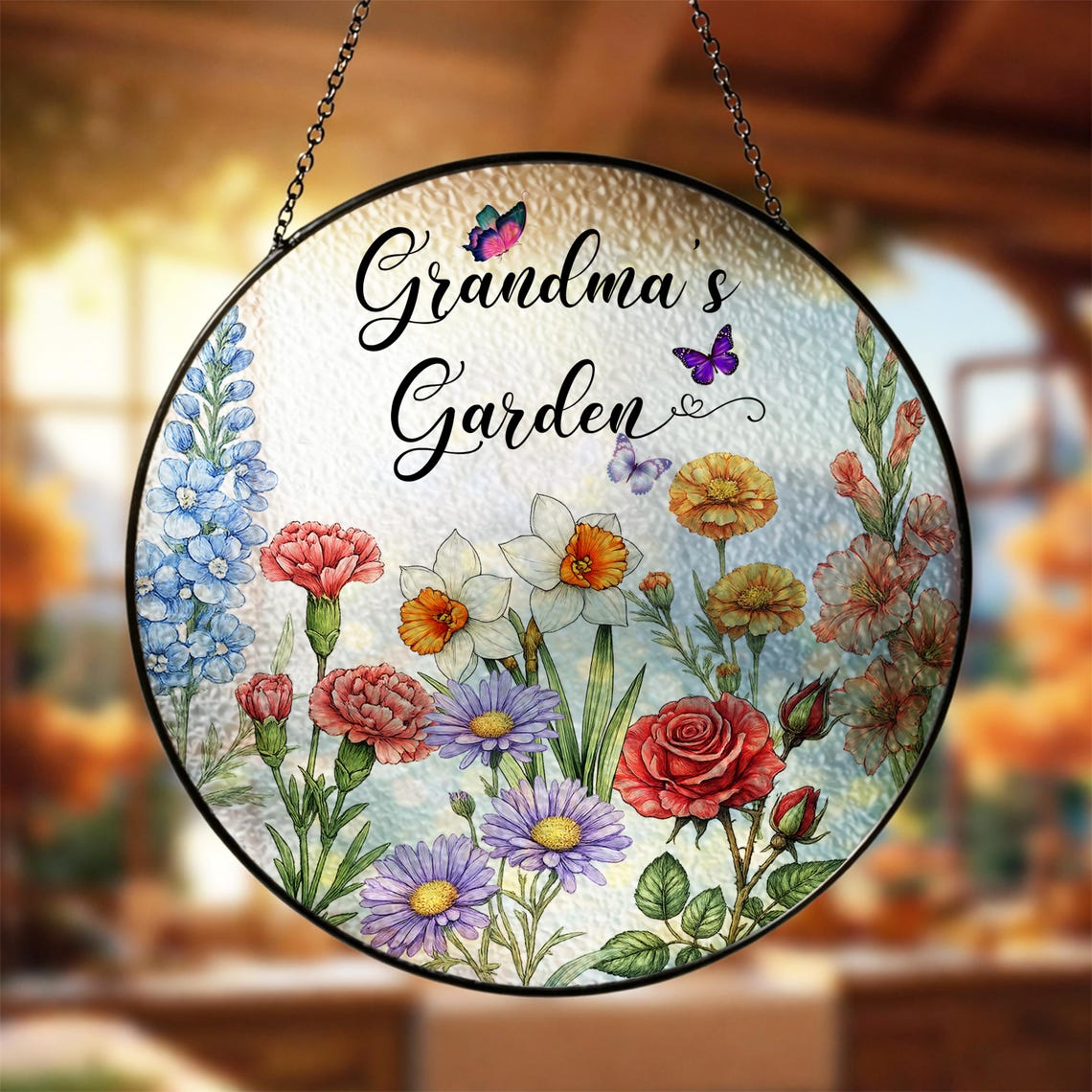 Custom Family Birth Flower Glass Suncatcher, Personalized Grandma’s Garden Window Decor, Mother’s Day Gift for Mom, Nana Stained Glass Art