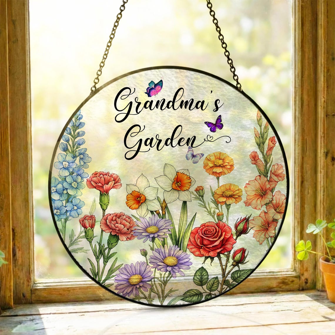 Custom Family Birth Flower Glass Suncatcher, Personalized Grandma’s Garden Window Decor, Mother’s Day Gift for Mom, Nana Stained Glass Art